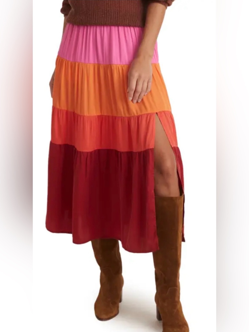 Marine Layer Colorblock Tiered Midi Skirt Fuchsia Orange Boho Smocked XL
